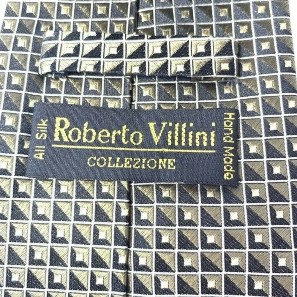 Roberto Villini Silk Tie Geometric Square Pattern‎ Gray Gold Designer Necktie